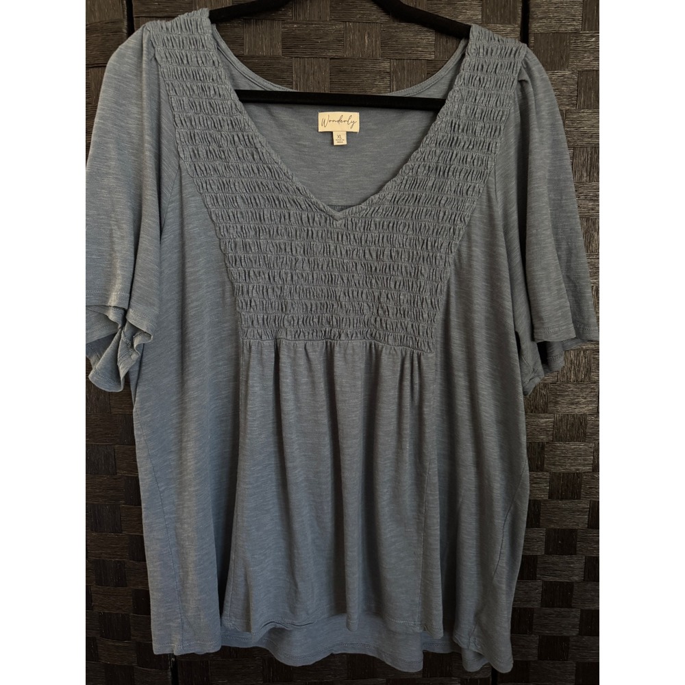 Wonderly Top Women XL Blue Smocked V-Neck Short Sleeve Cotton Modal Relaxed